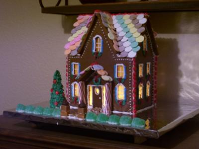 lighted 3-story gingerbread house