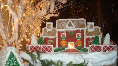 gingerbread brick house at night